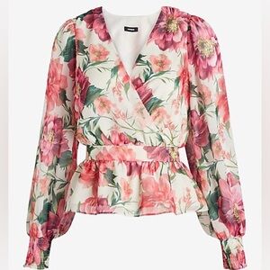 EXPRESS Floral V-Neck Smocked Cuff Peplum Top Size XL